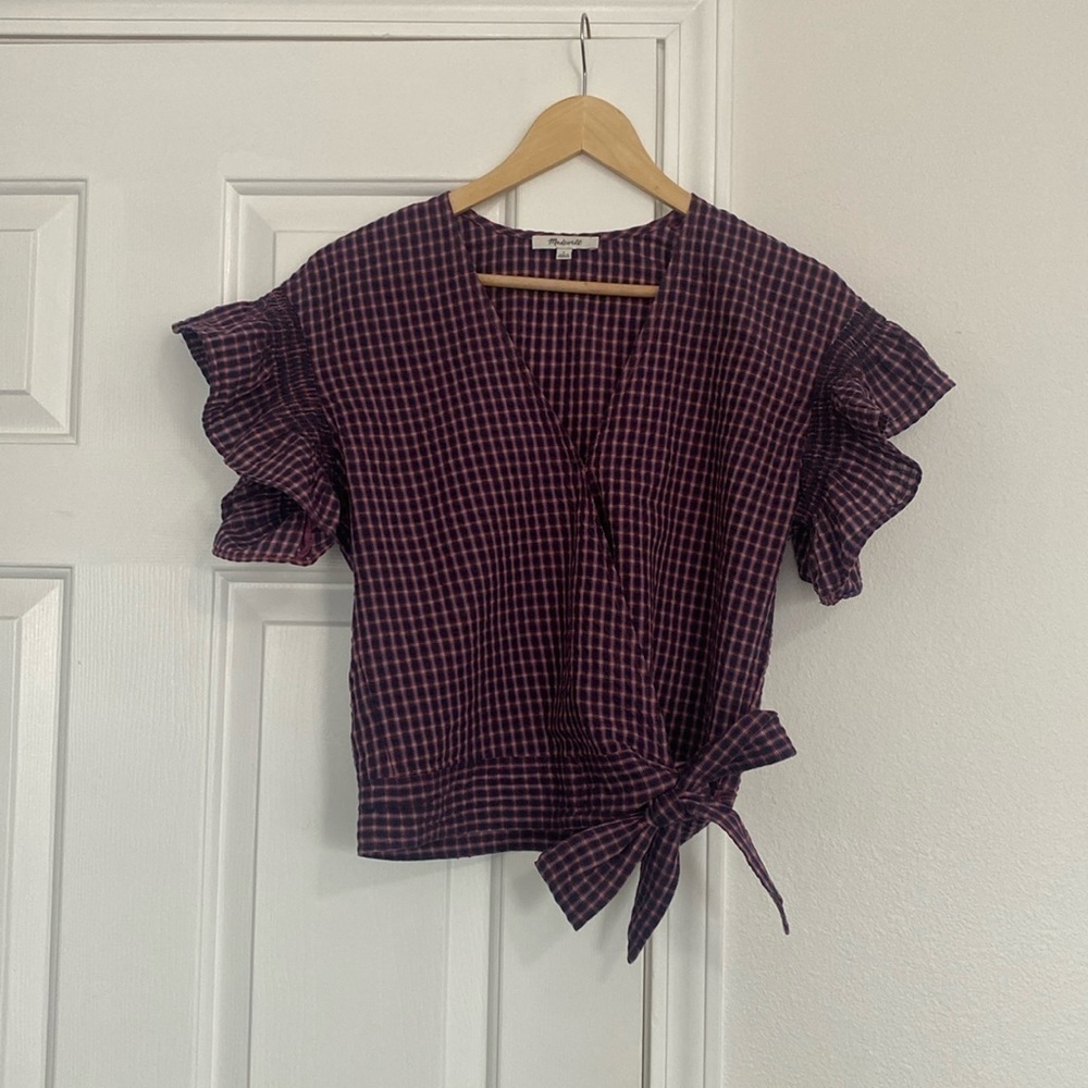 Madewell flutter sleeve, side tie, wrap blouse in plaid.